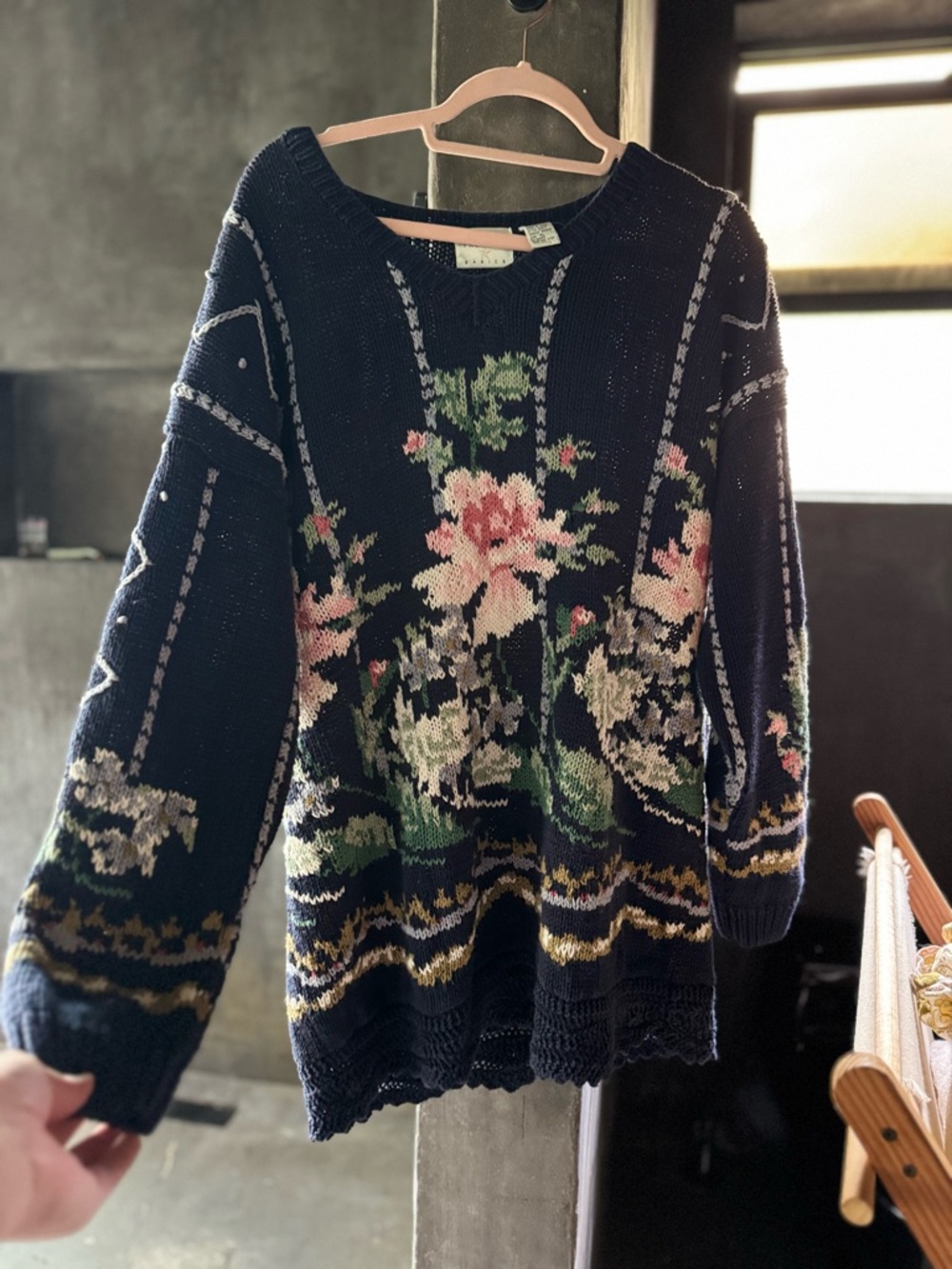 Oversized Navy Rose Knit Crewneck Cotton Blend Sweater
